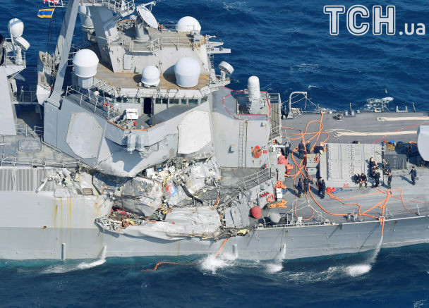 The Arleigh Burke-class guided-missile destroyer USS Fitzgerald, damaged by colliding with a Philippine-flagged merchant vessel, is seen off Shimoda, Japan in this photo taken by Kyodo June 17, 2017. Mandatory credit Kyodo/via REUTERS ATTENTION EDITORS - THIS IMAGE WAS PROVIDED BY A THIRD PARTY. MANDATORY CREDIT. JAPAN OUT. TPX IMAGES OF THE DAY