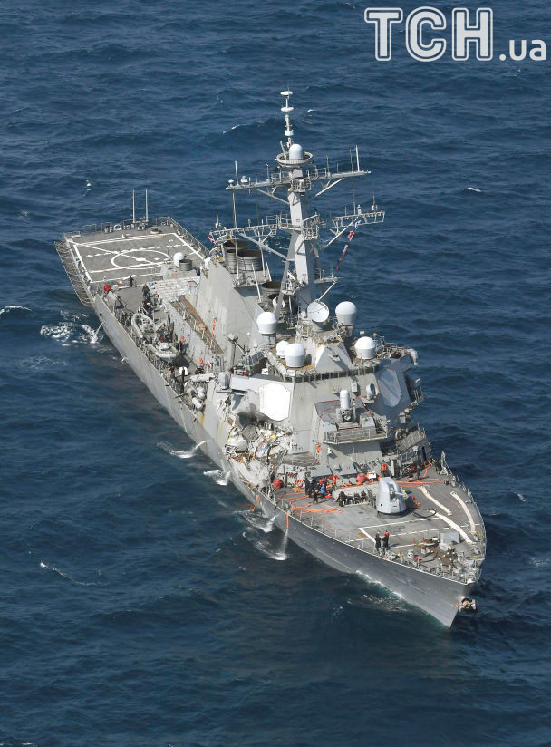 The Arleigh Burke-class guided-missile destroyer USS Fitzgerald, damaged by colliding with a Philippine-flagged merchant vessel, is seen off Shimoda, Japan in this photo taken by Kyodo June 17, 2017. Mandatory credit Kyodo/via REUTERS ATTENTION EDITORS - THIS IMAGE WAS PROVIDED BY A THIRD PARTY. MANDATORY CREDIT. JAPAN OUT. TPX IMAGES OF THE DAY