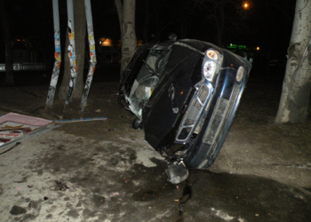 Ночное ДТП возле Центрального рынка. Машина врезалась в стойку рекламного щита