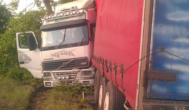 Эк его вывернуло: у Белоусовки грузовик Volvo слетел в кювет и стал пленником дерева