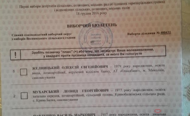 Выборы в объединенных общинах на Николаевщине: в Весняном напротив фамилии действующего сельского головы в бюллетенях обнаружилась пометка