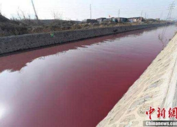 В Китае прорвало трубу фабрики, производящей краску – местная река стала кроваво-красной