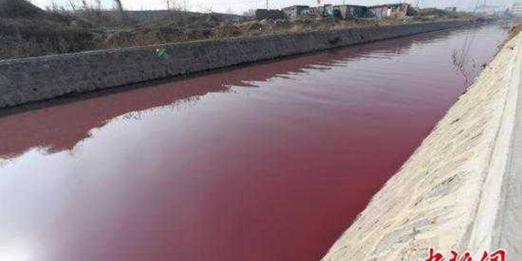 В Китае прорвало трубу фабрики, производящей краску – местная река стала кроваво-красной