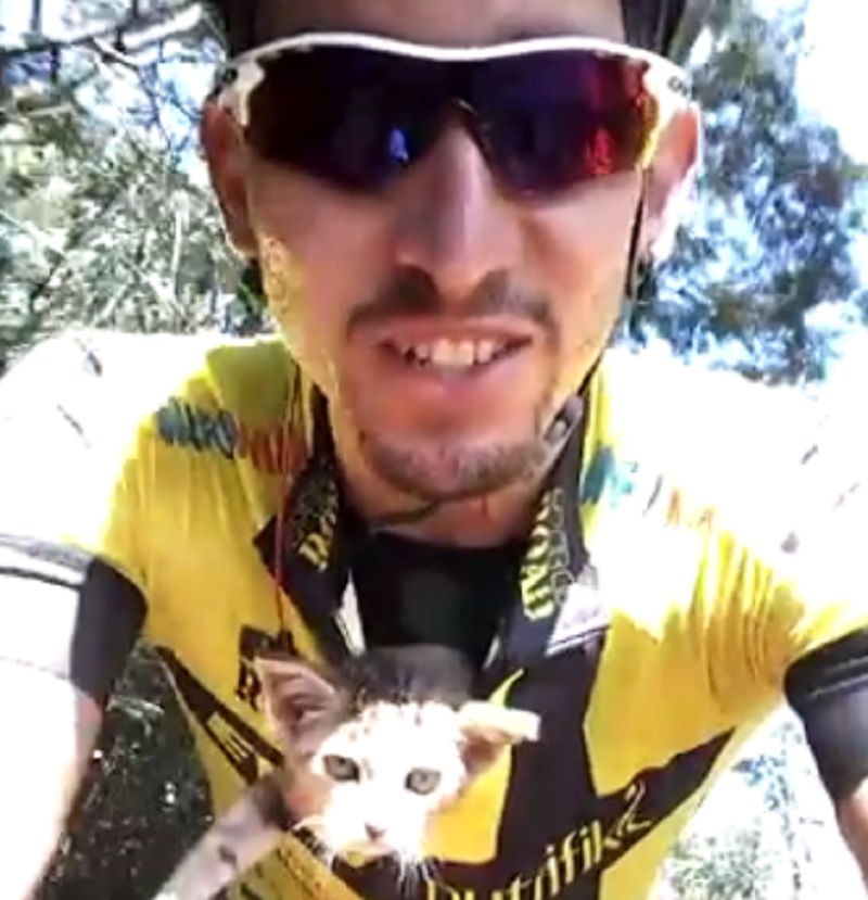Добрым быть не трудно: бразильский велогонщик во время тренировочного заезда нашел на обочине дороги и подобрал брошенного котенка 1