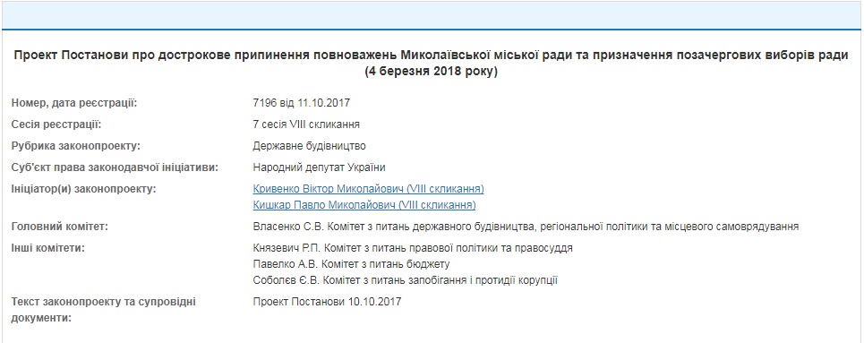 И еще один: нардепы Кривенко и Кишкар тоже зарегистрировали проект постановления ВР о роспуске Николаевского горсовета 1