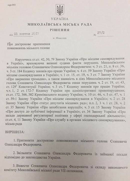 Секретарь Николаевского горсовета Казакова подписала решение об отставке Сенкевича и созывает сессию (ДОКУМЕНТ) 1