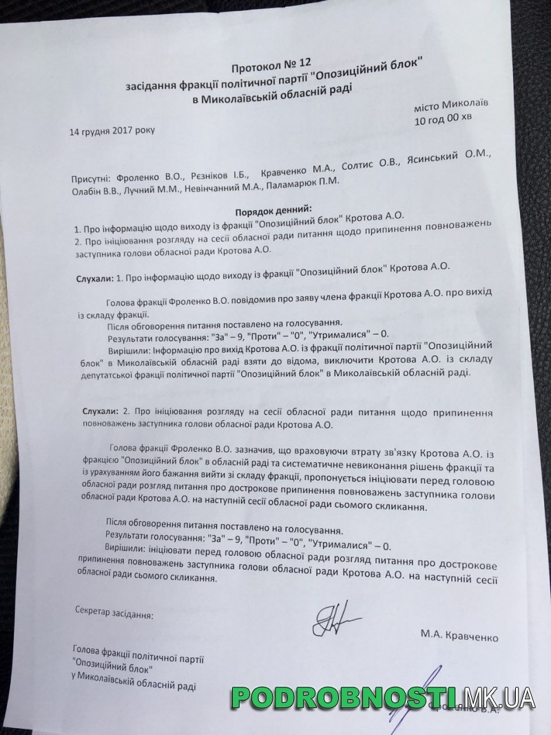 Андрей Кротов выходит из фракции "Оппоблока" в Николаевском облсовете. Останется ли он на должности зампредседателя совета? 1