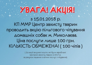 В николаевском КП «Центр защиты животных» с понедельника акция – домашнего любимца чипируют всего за 100 грн.