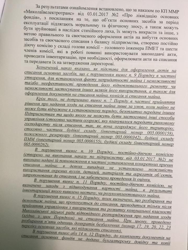 Списание имущества КП «Николаевэлектротранс» является нецелесообразным и неправомерным – выводы рабочей группы 9