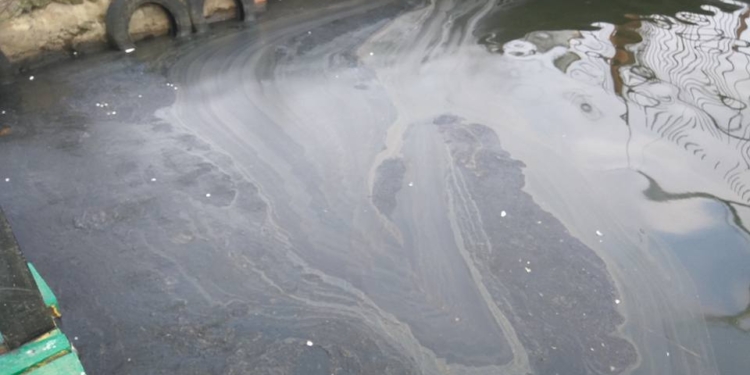 У пешеходного понтонного моста в центре Николаева – огромное маслянистое пятно