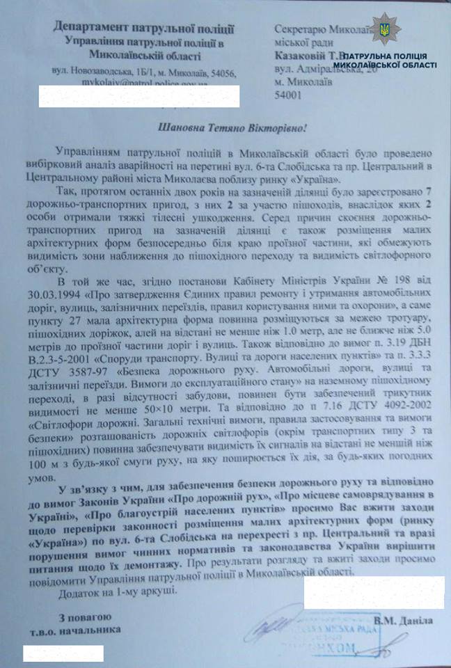 В Николаеве патрульные призывают городские власти проверить законность размещения МАФов у рынка «Колос» и на ул.6-я Слободская 7