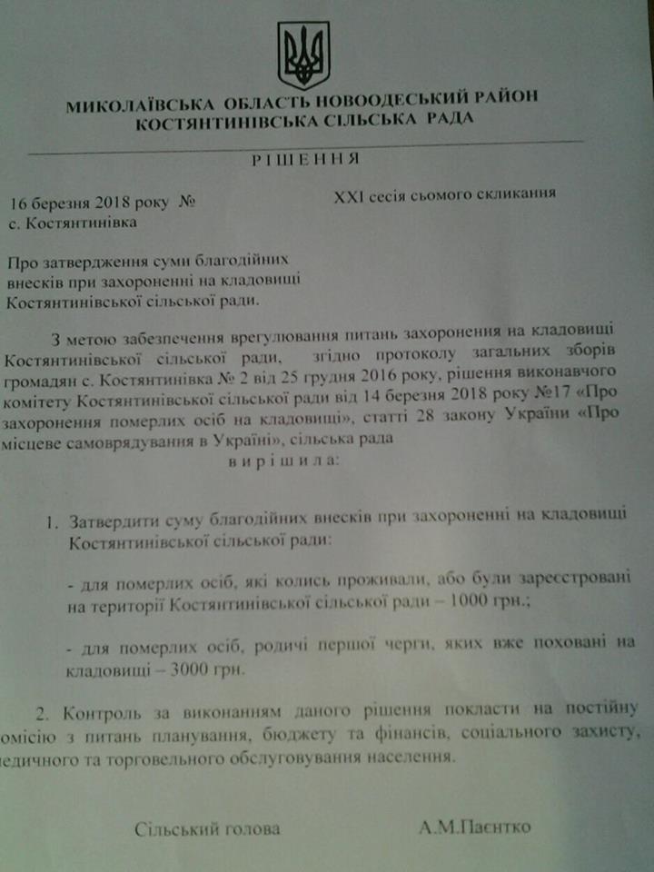 «Живіть, бо це дешевше». На Николаевщине депутаты сельсовета утвердили суммы «благотворительных взносов» за захоронение – от 1 до 3 тыс.грн. 2