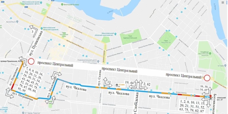 Схема движения общественного транспорта Николаева во время перекрытия Центрального проспекта 4 ноября