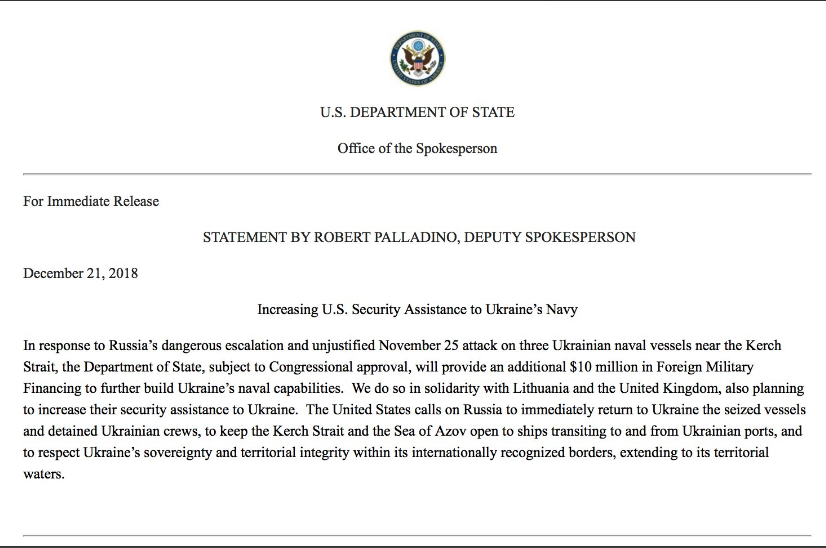 Госдеп США выделит Украине дополнительно $10 млн. в ответ на агрессию России в Керченском проливе 2