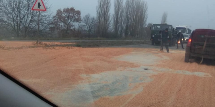 Участок автодороги «Николаев-Киев» под Себино усеян кукурузой – там перевернулась фура