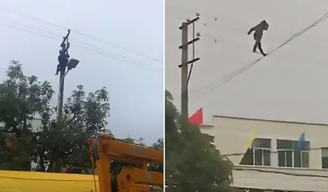 Пьяный китаец гулял по электропроводам на высоте 10 м, пока спасатели не столкнули его вниз