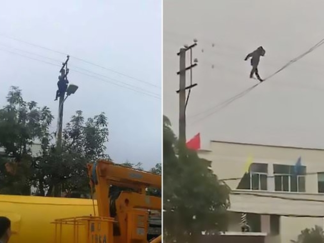 Пьяный китаец гулял по электропроводам на высоте 10 м, пока спасатели не столкнули его вниз 1