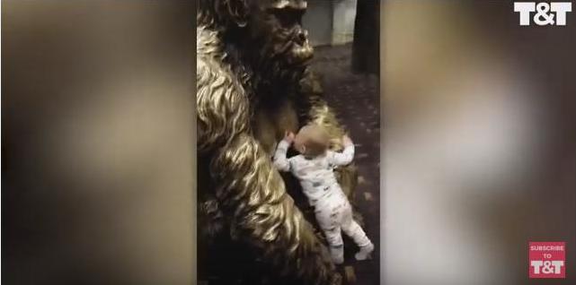 Бедный голодный ребенок: полуторагодовалый малыш попытался взять грудь у бронзовой статуи гориллы 1