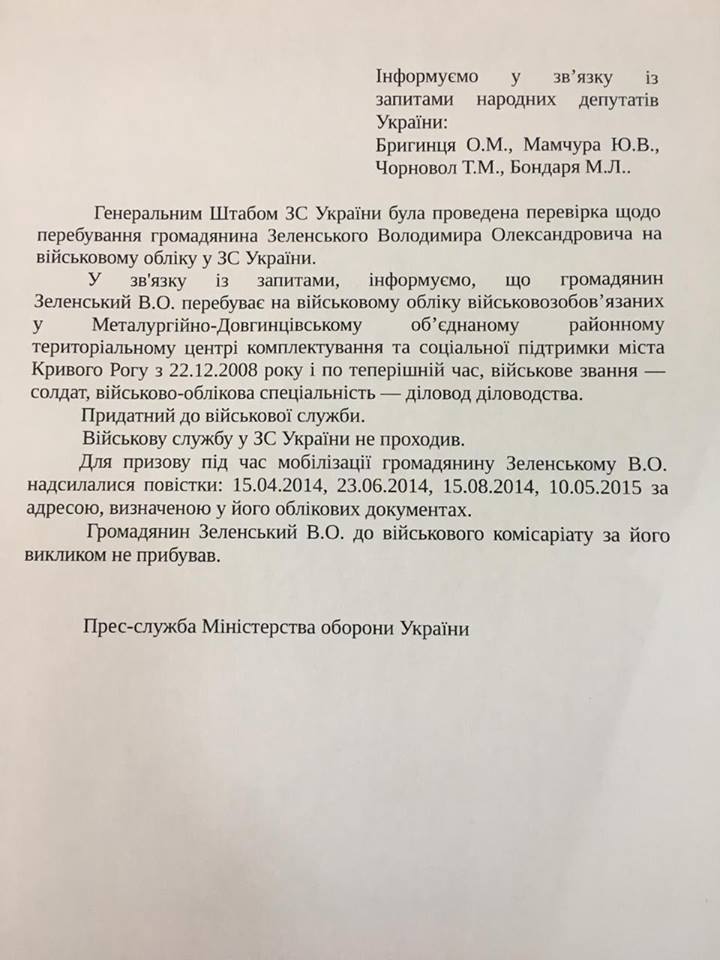 Зеленский не являлся в военкомат по повесткам в 14-15 годах - Минобороны 2