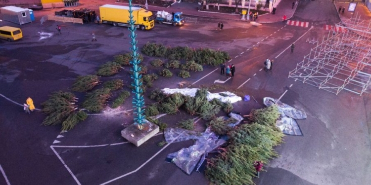 На Контрактовой площади в Киеве начали устанавливать новогоднюю елку