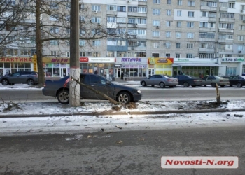В Николаеве водитель «Ниссана» свалил два дерева и врезался в столб – говорит, что виноват гололед (ФОТО)
