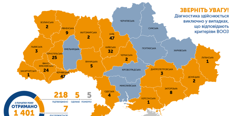В Украине подтверждено 218 случаев заболевания коронавирусом, 5 человек умерли, 5 выздоровели