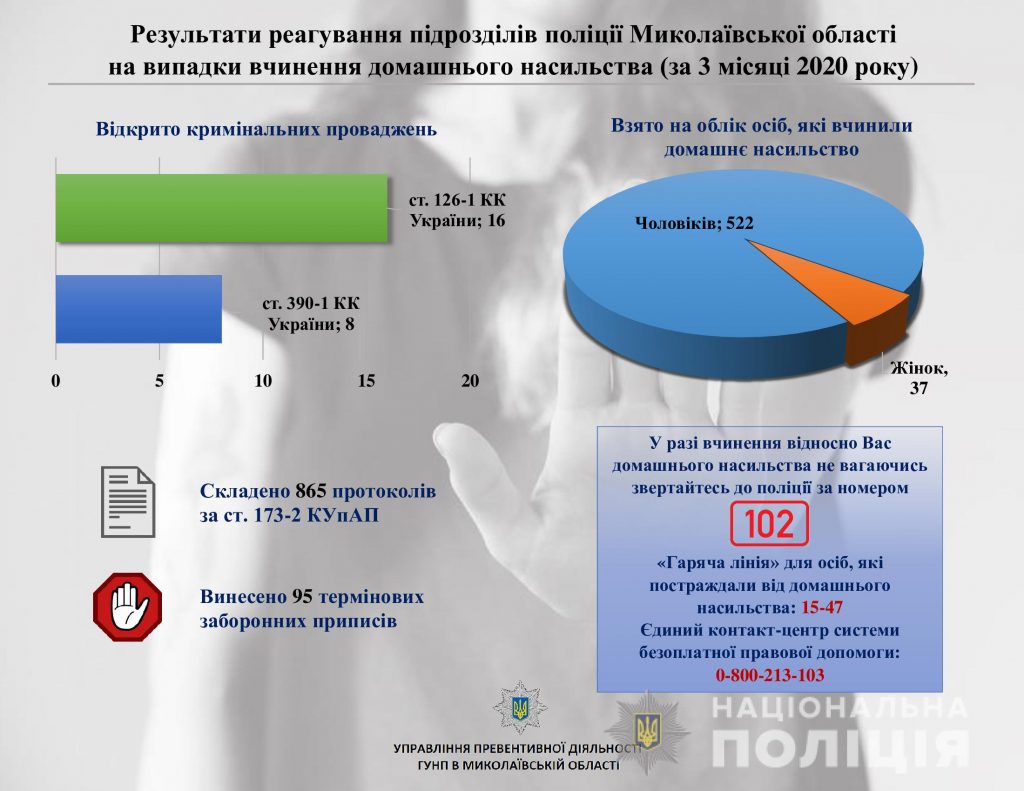 На Николаевщине на домашних насильников завели 16 уголовных производств и составили 865 протоколов с начала года 1