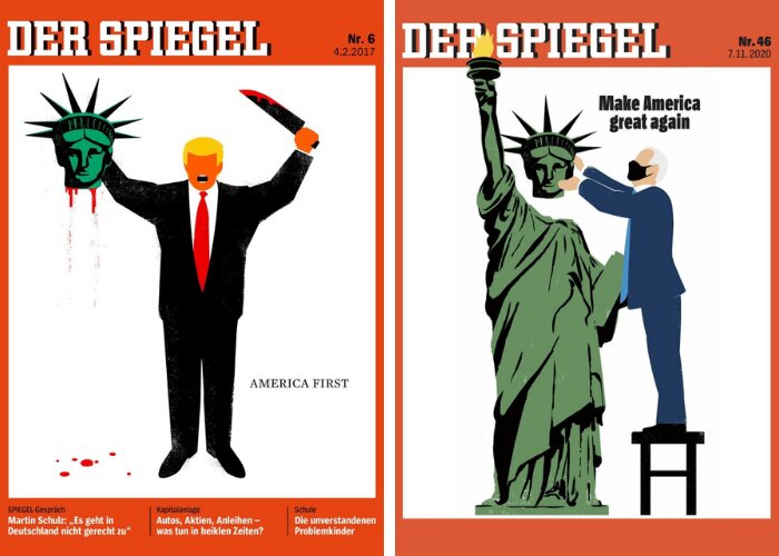 Der Spiegel вышло с обложкой, где Байден возвращает на место голову статуи Свободы, которую «отрезал» Трамп (ФОТО) 5