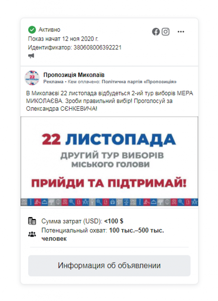 Второй тур выборов мэра Николаева: больше всего на рекламу в Facebook потратил Александра Сенкевич - ОПОРА 3