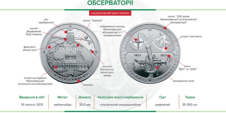 Памятная монета в честь 200-летия Николаевской обсерватории поступит в обращение 10 февраля (ФОТО)