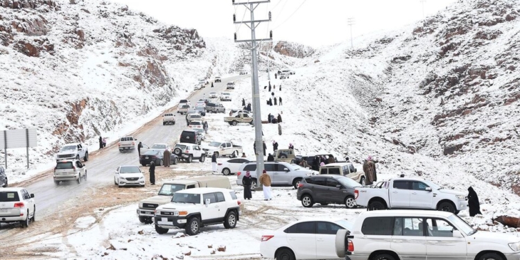 В Саудовской Аравии выпал обильный снег: полиция перекрыла район из-за нашествия тысяч туристов