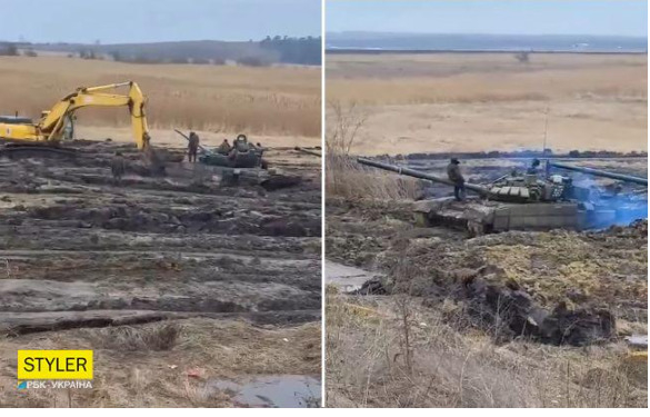 В соцсетях появилось видео застрявшей в грязи российской танковой роты под Ростовом (ВИДЕО)