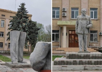 Во временно оккупированном Геническе рашисты склеили и снова поставили памятник Ленину. В сети хохот (ФОТО)