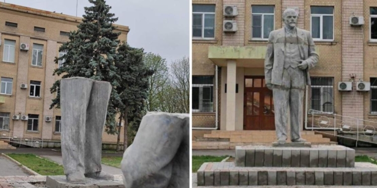 Во временно оккупированном Геническе рашисты склеили и снова поставили памятник Ленину. В сети хохот (ФОТО)