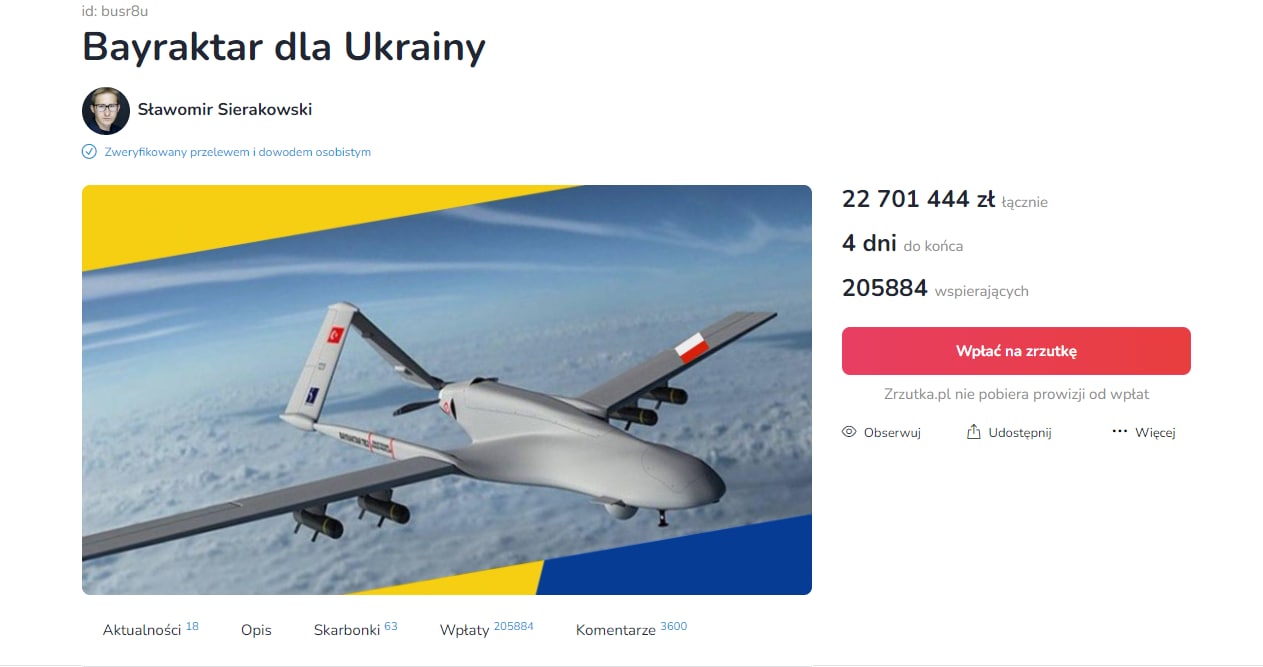 У Польщі зібрали гроші на Bayraktar для України