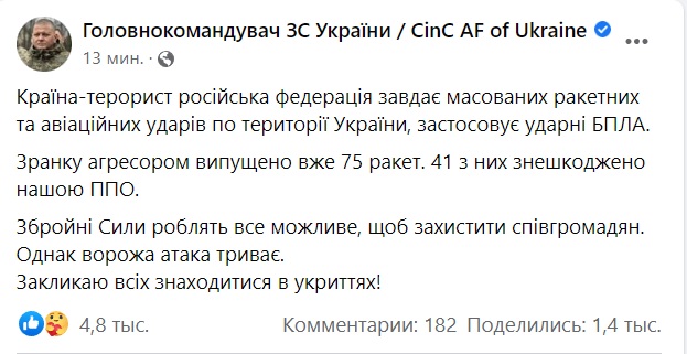 З 75 випущених зранку по Україні російських ракет збита 41 – Залужний 2