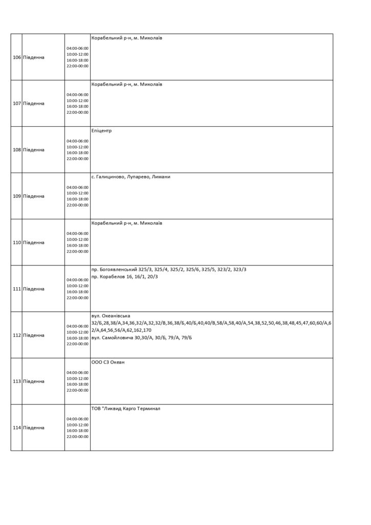 Погодинний графік вімкнення електроенергії в Миколаївській области 32