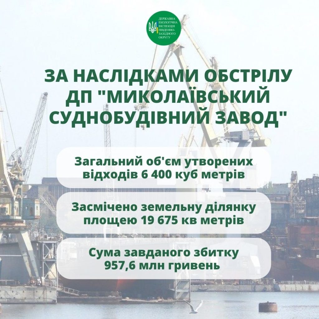 Обстрілами Миколаївського суднобудівного заводу росіяни завдали шкоди довкіллю на майже 960 млн.грн. 1