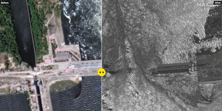 Дамба Каховської ГЕС до і після підриву: супутникові знімки показують масштаби катастрофи в Україні, – The Guardian (ФОТО)