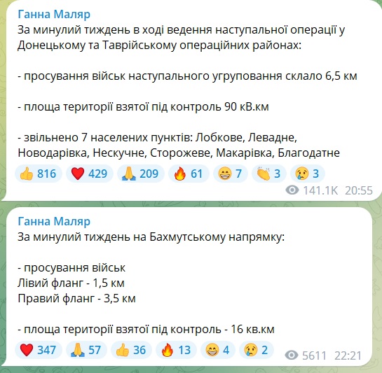 За минулий тиждень ЗСУ звільнили 7 населених пунктів і взяли під контроль 106 кв.км – Маляр 2