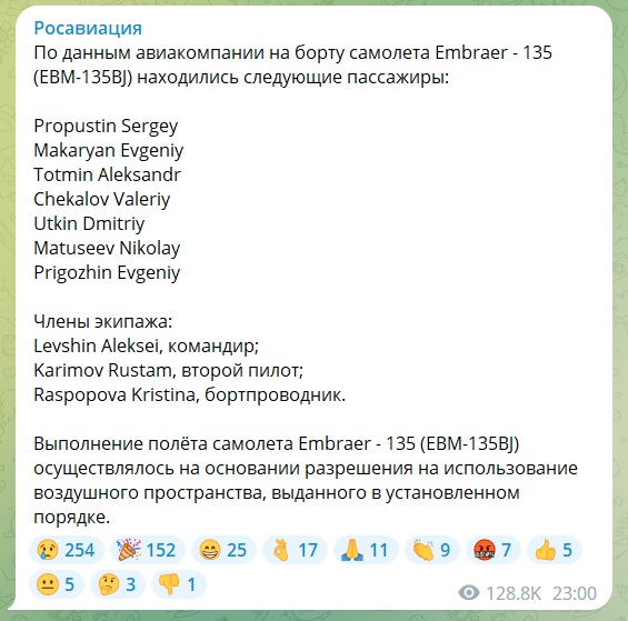 Росавіація підтвердила, що на борту літака, який впав в росії, були Пригожин та Уткін 2