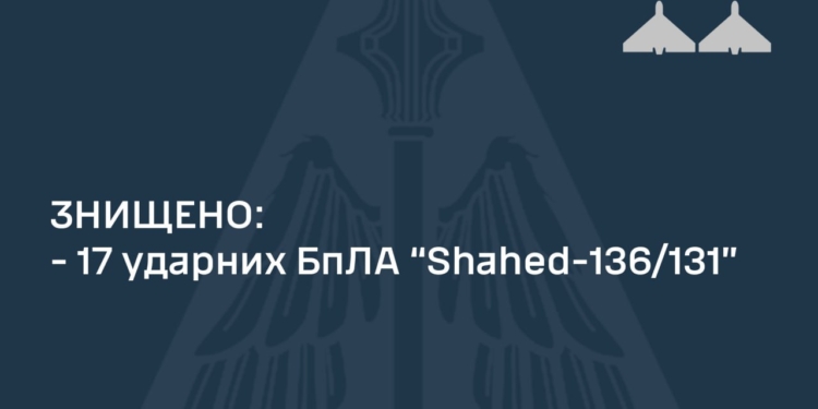 Вночі 22 “шахеди” летіли у напрямку Миколаївської, Запорізької, Дніпропетровської та Сумської областей – 17 з них збили