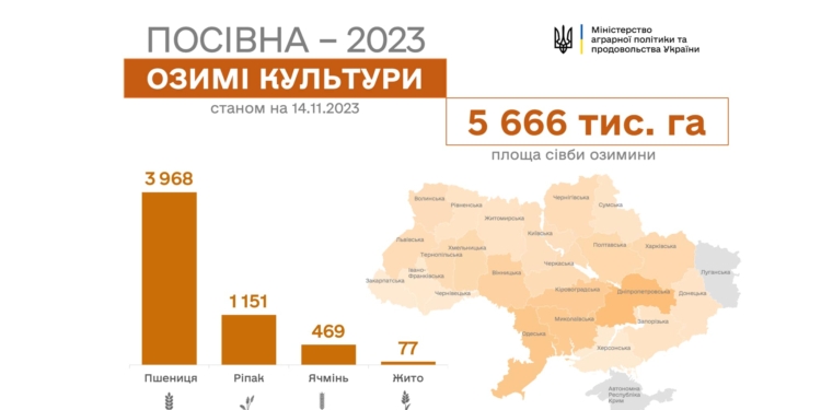 В Україні вже посіяно майже 5,7 млн га озимих культур