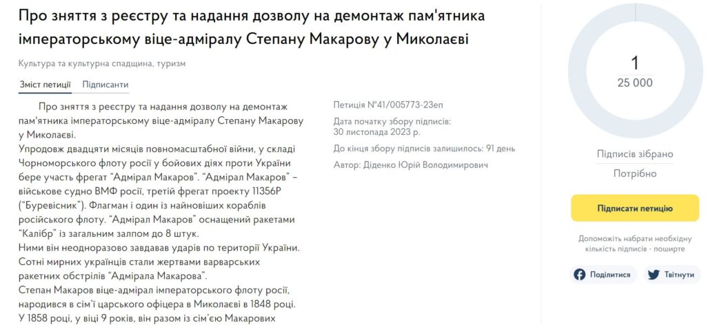 На урядовому сайті зареєстрована петиція про демонтаж пам'ятника віце-адміралу Макарову у Миколаєві 1