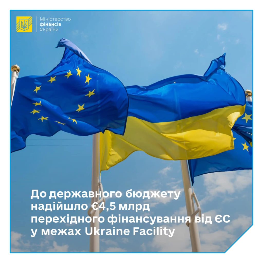 Україна отримала перший транш у 4,5 млрд.євро в рамках Ukraine Facility 1