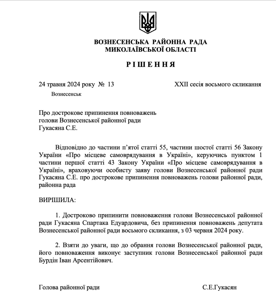 Голова Вознесенської райради на Миколаївщині від «Слуги народу» достроково склав повноваження (ДОКУМЕНТ) 2