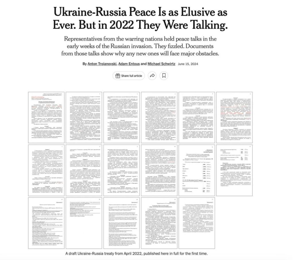 The New York Times показала проєкти українсько-російських договорів, які нібито обговорювалися у квітні 2022-го, але не були підписані 1