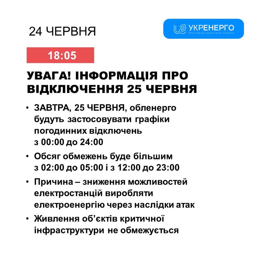 Графіки відключень на 25 червня: найбільші обмеження будуть діяти з 02.00 до 05.00 і з 12.00 до 23.00 2