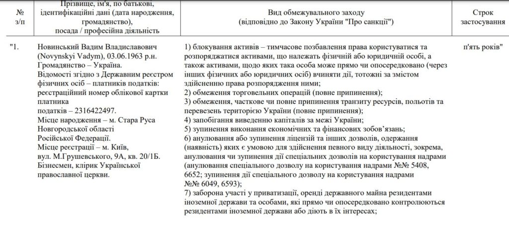 Зеленський ввів в дію рішення РНБО про розширення санкцій щодо Новинського 2