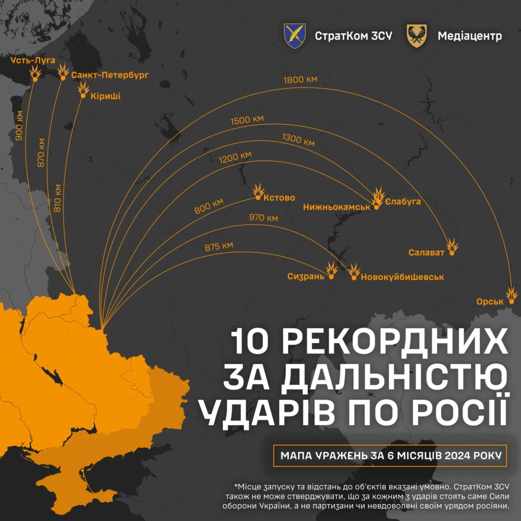 10 рекордних за дальністю ударів по росії. Мапа уражень за шість місяців 2024 року 2